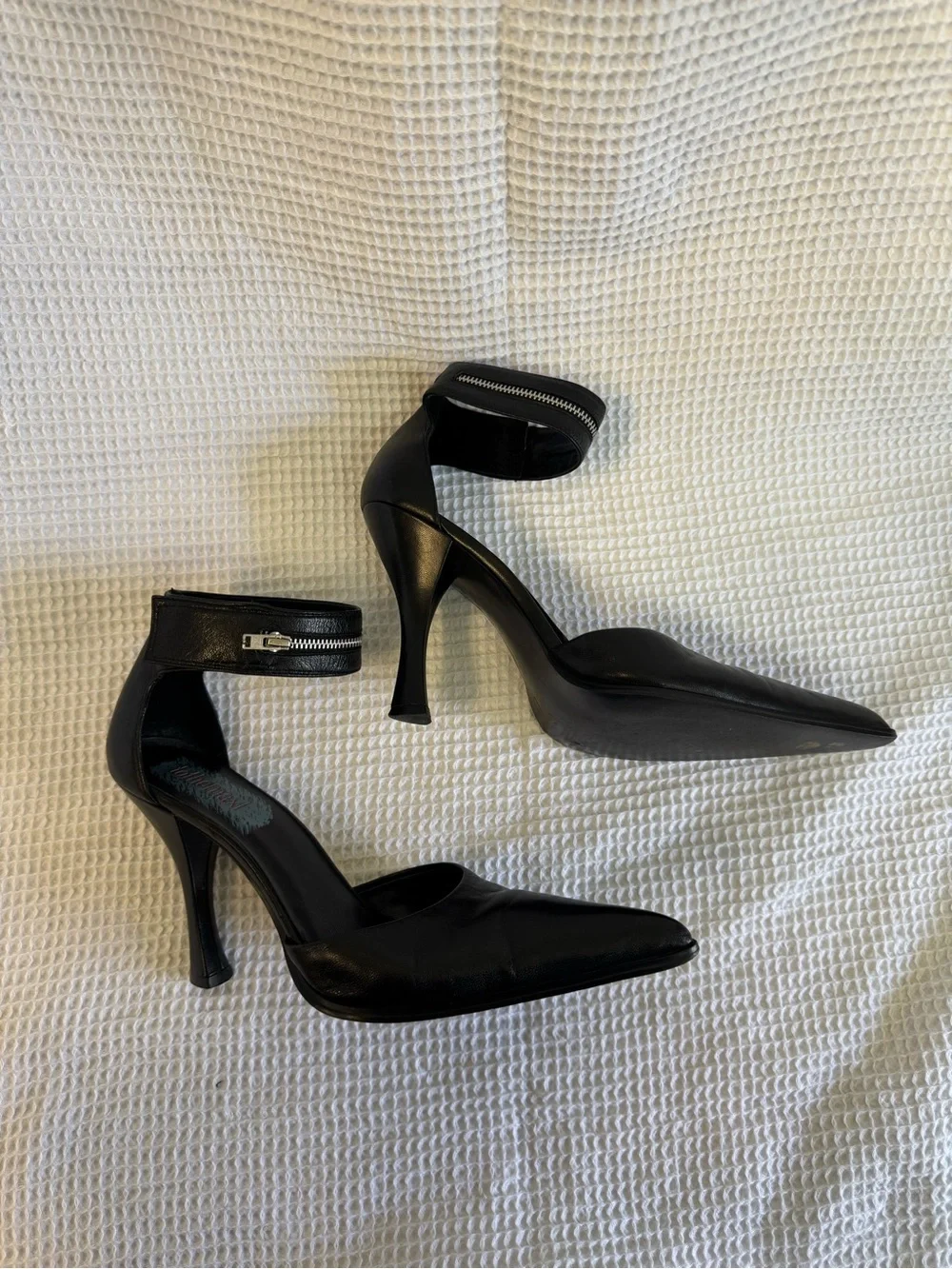 Black Pointed Ankle-Strap Stiletto Heels with Zip Accent
